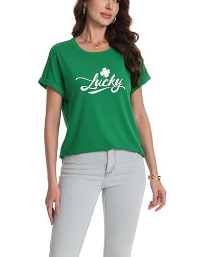 Women's St. Patrick's Day Shirt Irish Clover Funny Holiday Lucky Graphic Tee Tops (US, Alpha, Large, Regular, Regular, Green) - Thumbnail 2