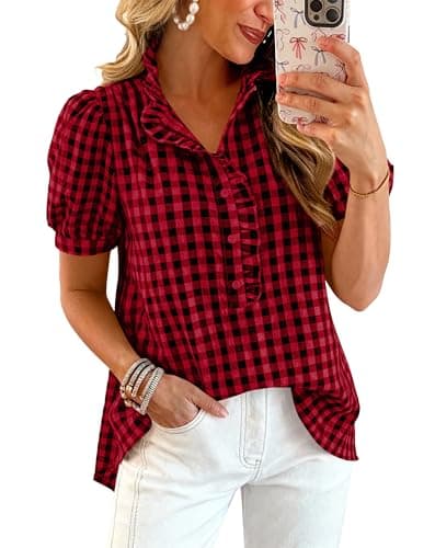 MASCOMODA Womens Puff Short Sleeve Summer Tops Striped Plaid Ruffle V Neck Button Down Shirts Business Casual Work Blouses(Plaid Red Black,Medium) - Image 1
