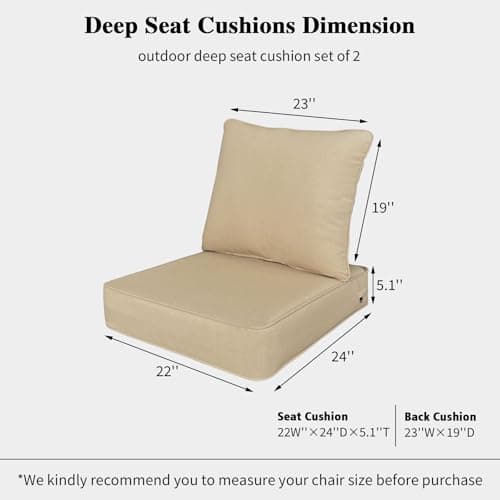 Garden lucky Outdoor 22"x24" Deep Seat Patio Cushion Set of 2, Outdoor Chair Cushions with Water-Resistant UV Resistant Weather Resistant Sectional Sofa Pad and Removable Covers,Beige - Thumbnail 3