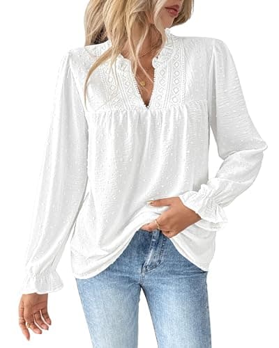 Bsubseach Womens Tops Ruffle Long Sleeve Swiss Dot Blouses for Women Dressy Casual Fashion Shirts White L - Image 1