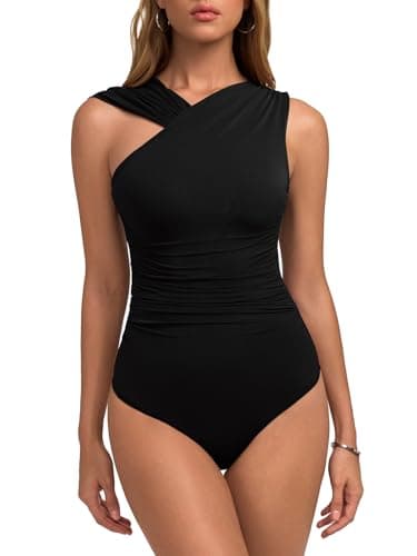 REORIA Womens Sexy Asymmetrical Leopard Print Mesh Ruched Going Out Bodysuits Tank Tops Black X-Large - Thumbnail 2