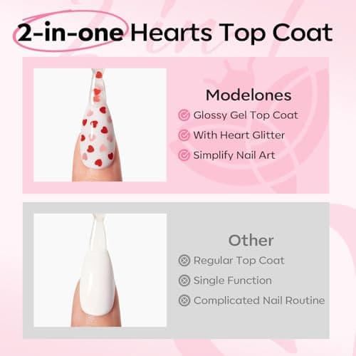 modelones Heart Glitter Gel Top Coat, 15 ML 2 in One No Wipe Clear Gel Nail Polish Red Pink Color Reflective Hearts Sequins Glossy Shine Long Lasting Soak Off Manicure Gift for Women - Thumbnail 3