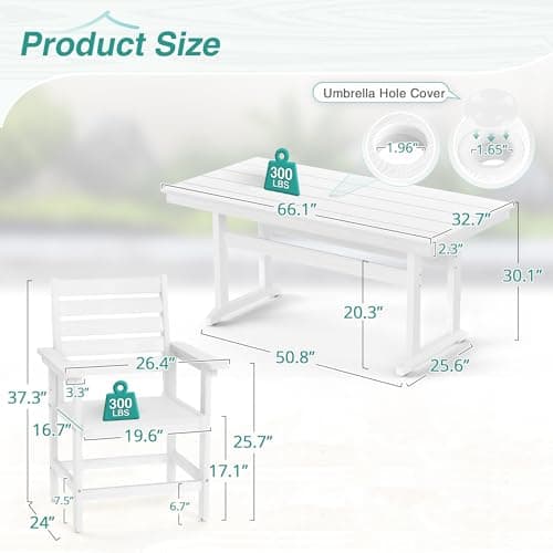 Homenjoy 7 Piece Patio Dining Set, 66" Rectangle HDPS Weather Resistant Outdoor Table & 6 Patio Chairs Set with 1.96" Umbrella Hole, Heavy Duty Chairs for Backyard Balcony Deck, White - Thumbnail 2