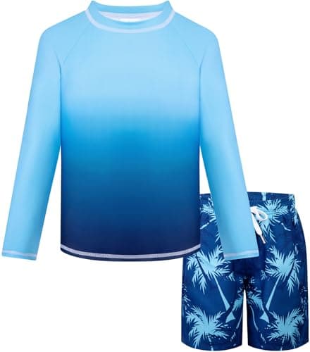 Belovance Boys Two Piece Rash Guard Swim Set Kids Long Sleeve Bathing Suit Swimwear Shirt with Trunks Swimming Suits Surfing Beach Clothes Quick Dry Size 9 10 Dark Blue