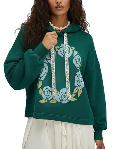 ZIZERY Womens Hoodies Oversized Floral Graphic Sweatshirt Drop Shoulder Drawstring Cute Y2K Long Sleeve Top(Green,XL) - Image 1