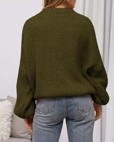 BTFBM Sweaters for Women Fall 2026 Crew Neck Lantern Long Sleeve Oversized Sweater Casual Knit Winter Pullover Tops(Army Green, XX-Large) - Thumbnail 3