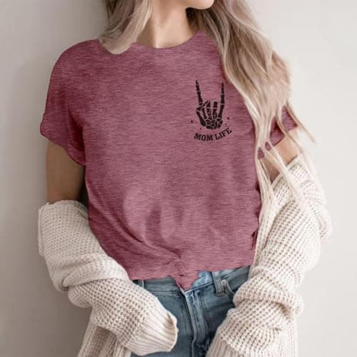 YHHR Mama Shirt Mom Life Crewneck T-Shirts Funny Mama Skeleton Rocker Graphic Tee Summer Pullove Mom Tshirts Tops Pink - Thumbnail 3