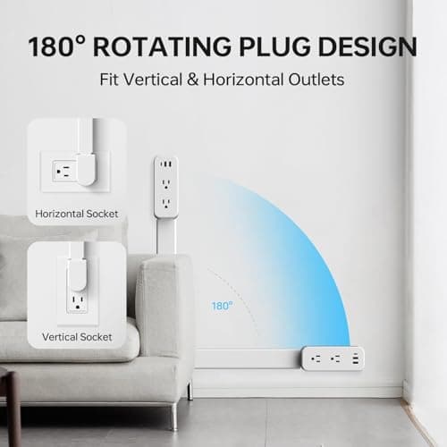 Electrical Outlet Extender Long Stick with 180° Swivel | Extends 23-35 in for Hard-to-Reach Places | 2 AC Outlets + 3 Ports (USB-C/USB-A) for Bed, Dorm, Office & Sofa - Thumbnail 2