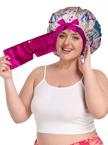 Vettres Pleated Silk Sleeping Bonnet with Eye Mask Double Layer Satin Hair Bonnets Sleep Cap for Curly Natural Hair Blue Purple Floral - Thumbnail 5