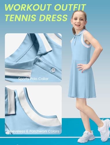 Gogokids Girls Tennis Dress Sleeveless Quick Dry Athletic Polo Dress for Golf Activewear Sports Outfit, Blue, 6-7 Years, 120 - Thumbnail 4