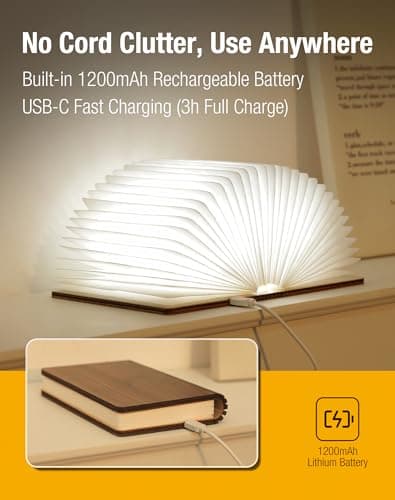 ZBOLE 5.7 Inch Wooden Book Lamp - Portable Folding LED Book Light for Reading, Home & Library Decor, Unique Gift for Book Lovers, Magnetic Night Light (Walnut) - Thumbnail 5