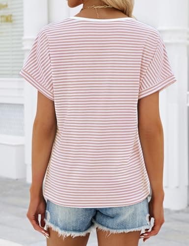 Womens T Shirts Striped Henley V Neck Dolman Short Sleeve Shirts Summer Tees Tops Beach Vacation Button Front Dressy Blouses 2026 Casual (Pink, X-Large) - Thumbnail 5