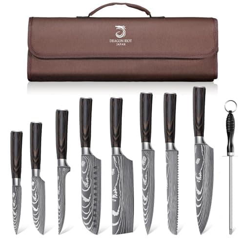 DRAGON ROIT Japanese Knives Set Damascus Pattern Chef Knife Set for Kitchen with Roll Bag, Sharp Stainless Kitchen Knife Set Brown Handle - Image 1