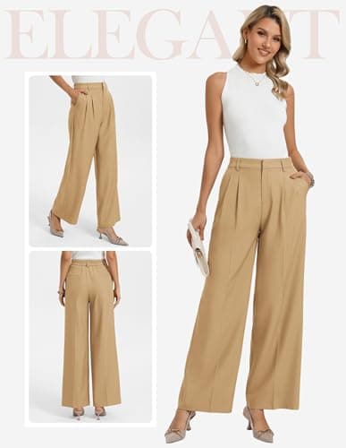 GRACE KARIN Wide Leg Trousers Women 2026 Summer Elastic Waist Comfy Pants Date Night Weekend Getaway Slacks Khaki Medium - Thumbnail 2