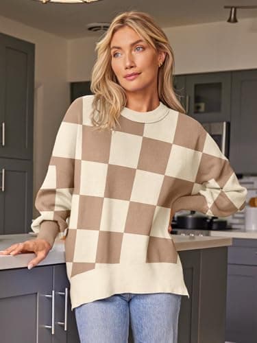 EFAN Women's Oversized Sweaters 2026 Fall Trendy Crewneck Batwing Sleeve Chunky Knit Long Pullover Cute Tunic Tops Dress Winter Clothes Cashmere Fashion Outfits Ladies Clothing Khaki Plaid L - Thumbnail 2