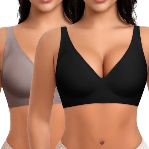 Ganado Deep V Wireless Bras for Women No Underwire Push Up Seamless Padded Comfort Bra Supportive Wirefree Bralette (Black+Grey, Small) - Image 1