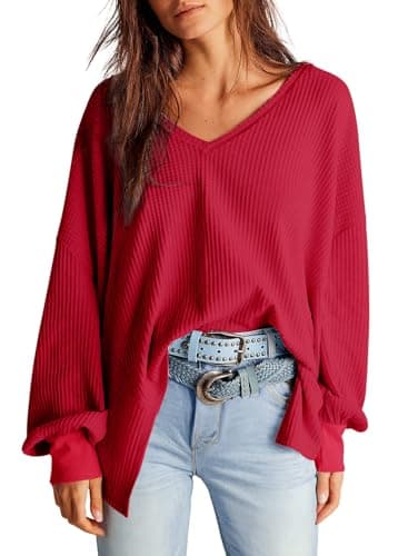 Dokotoo Womens Blousess Comfy Casual Winter Long Lantern Sleeve T Shirt Tops Fashion Oversized Red Blouses Sexy V-Nevk Loose Fit Pullover Irregular Hem Jumper Tops X-Large - Image 1