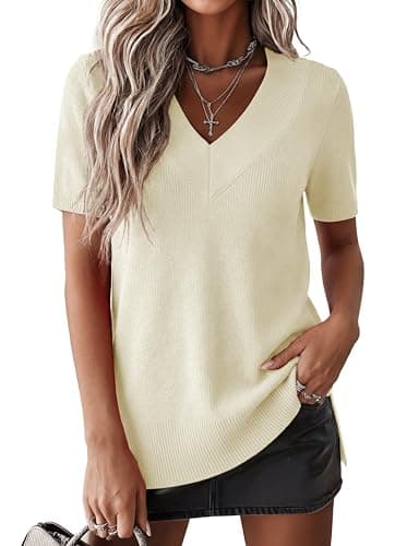 Jouica Womens Short Sleeve Sweaters Side Slit V Neck Sweater Shirts Business Casual Work Tops 2026 Summer Outfits,Medium,Beige - Image 1