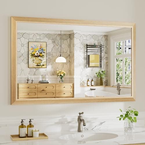 48x30 Inch Bathroom Mirror for Wall, Anti-Rust Oak Wood Grain Metal Framed Bathroom Mirrors for Over Sink,Rectangler Mirrors for Bathroom Vanity, Farmhouse, Bedroom, Living Room, Entryway Decor - Image 1