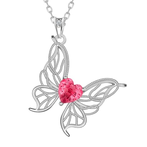 Filigree Butterfly Birthstone Pendant Necklace - 925 Sterling Silver Firework-Cut Heart Cubic Zirconia Twine Butterfly Necklace Anniversary Birthday Jewelry Gift for Women Wife Mom Daughter (07-July) - Image 1