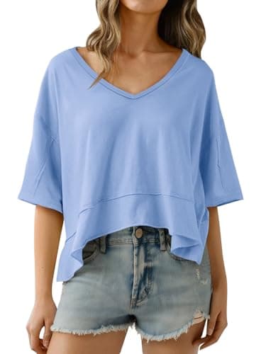 Cicy Bell Womens Oversized Crop T-Shirts Summer V Neck Short Sleeve Tops Casual Loose Fit Curved Hem Boxy Tee Shirt Blue - Image 1