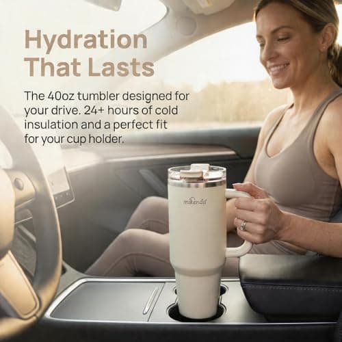 MIKENDA 40oz Insulated Tumbler with Straw | Double Wall Stainless Steel Travel Mug | Leak Proof Lid, 24hr Cold & 12hr Hot | Reusable Water Bottle for Office, Gym, Hiking(beige) - Thumbnail 5
