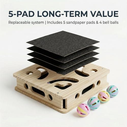 EIODEAR Cat Nail File Scratcher with 5 Sandpaper Pads, 4 Bell Balls, 8 Screw, Solid Wood Cat Scratch Puzzle Enrichment Box Nail Filer Box Toy to File Nails, Cat Treat Box for Treat-Motivated Cats - Thumbnail 2