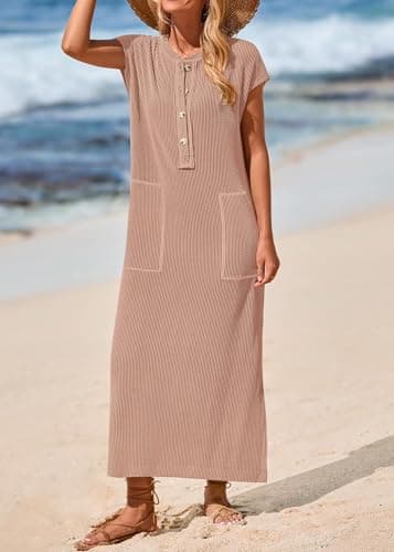 KIRUNDO Womens Summer Dresses 2026 Spring Ribbed Knit Henley Short Sleeve Maxi Dress Button Up Loose Beach Vacation Sundress(Khaki, X-Large) - Thumbnail 6