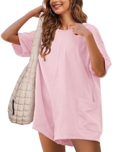 NILOINE Women Romper Pink Summer Oversized Casual Athletic Workout Cute Beach Romper Shorts Jumpsuit Outfits(7-Light Pink,Large) - Image 1