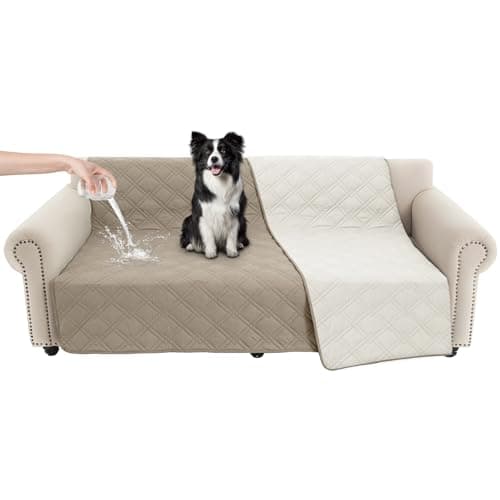 Vmeyiek 100% Waterproof Dog Bed Cover Pet Blanket 68"x82", 7-Layer Reversible Washable Bed Mat for Furniture Couch Sofa Car (Khaki+Off White) - Image 1