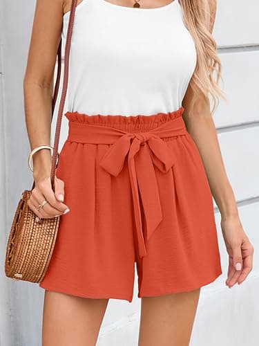 DEARCASE High Waist Shorts for Women Summer Orange Red Medium Cute Beach Adjustable Lightweight Tie Knot Drawstring Stretchy Lounge Casual Loose Wide Leg Office Boho Short Pants with Pockets - Thumbnail 2