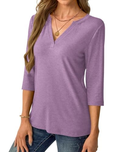 Womens Tops 3/4 Sleeve V Neck Spring Summer Work Tunic Shirts Business Dressy Casual Blouses A- Purple - Thumbnail 4