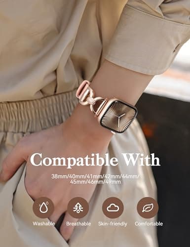 Wearlizer Silicone Band Compatible with Apple Watch Bands for Women 38/40/41/42mm, Dressy Strap with Double D-Shaped Metal Elegant Design for iWatch Series SE/11/10/9/8/7/6/5/4/3/2/1 Pink/Rose Gold - Thumbnail 4