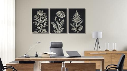 Large Framed Botanical Wall Art, Minimalist Floral Canvas Prints, Black and White Farmhouse Plant Artwork Flower Pictures for Living Room Bathroom Bedroom Office Décor 24"x36"x3Pcs - Thumbnail 4