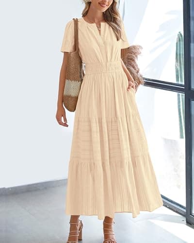 BTFBM Womens Summer 2026 Casual Midi Maxi Dresses Lightweight Short Sleeve V Neck Elastic Waist Boho Beach Dress Pockets(Apricot, Small) - Thumbnail 2