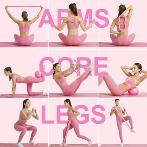 ElaraFit Home Pilates Ring and Ball Set for Women with 5 Resistance Bands 13 inch Magic Circle Workout Starter Kit for Beginners Full Body Toning 15 Min Daily Routine,Pink Mix - Thumbnail 5