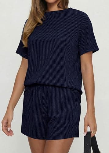 KIRUNDO 2 Piece Sets for Women Summer Shorts Lounge Set Matching Ribbed Knit Short Sleeve Top Airport Travel Vacation Outfits(Navy, XX-Large) - Thumbnail 6