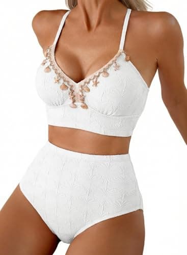 Herseas Women's Seashell Textured Bikini Sets Stitching Ribbon Shell Decoration Swimsuits High Waisted Bathing Suits White - Image 1