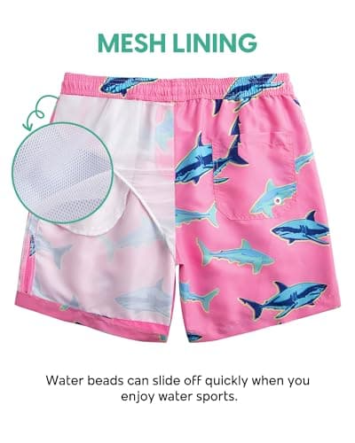 Turnshine Mens Swim Trunks 7" Quick Dry Bathing Suits with Mesh Lining Printed Board Shorts Swimwear Pink Shark Small - Thumbnail 3