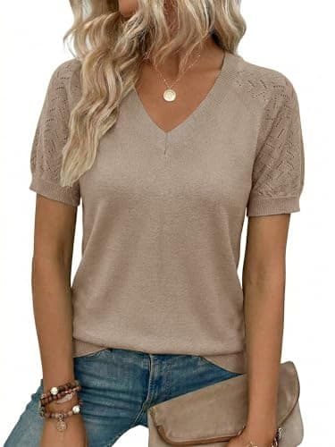 LaGracia Puff Short Sleeve Sweater for Women Summer Puff Sleeve Sweater Tops Spring V Neck Cauasl Dressy Shirts Cute 2026 Camel XL - Image 1