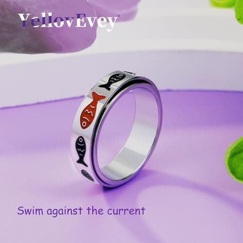 Fidget Spinner Ring for Adults - Swim Against the Current Fish Anxiety Rings for Women, Motivational Fidgets Jewelry for Stress Relief, Stainless Steel Spinning Rings with Inspirational Design Silver Size 9 Ring - Thumbnail 6