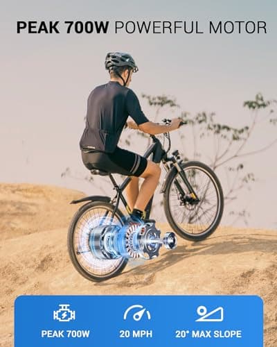 MULTIJOY Electric Bike for Adults,26" E-Bike with 700W Peak Motor 21-Speed,Up to 50 Miles Removable Battery,Front Fork Suspension Dual Disc Brakes,Ebikes for Adults Commute Mountain Beach All Terrain - Thumbnail 3