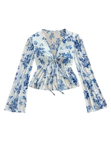 MakeMeChic Women's Floral Crop Tops V Neck Tie Front Ruffle Hem Long Sleeve Peplum Blouse Blue and White B Large