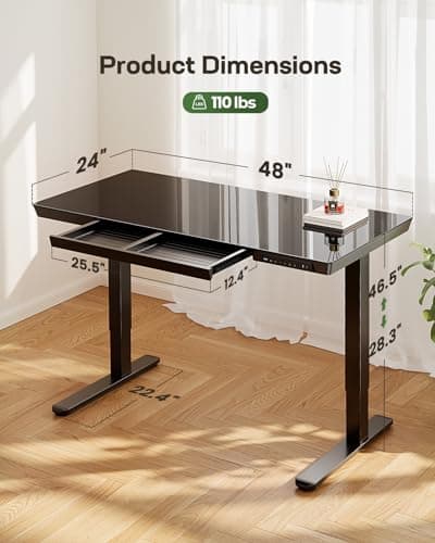 Marsail Glass Standing Desk with Drawer, 48 x 24 inch Electric Standing Desk, Height Adjustable Desk with One-Piece Tabletop & USB Charging Ports, Sit Stand Desk with Storage for Home & Office Black - Thumbnail 3