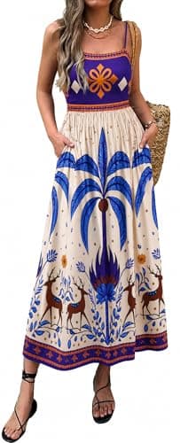 Women Printed Maxi Dress with Pocket Spaghetti Strap Smocked Waist Casual Summer Dress Purple - Image 1