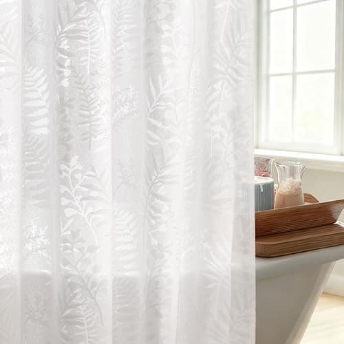Lameirose Extra Long White Shower Curtain Fabric, Lace Shower Curtain 72 x 84 Tufted Tropical Plant Textured Shower Curtains Shabby Chic Home Decor for Bathroom - Thumbnail 3
