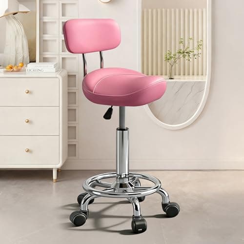 Walktory Vanity Chair with Back Small Armless Office Chair with Wheels and Footrest, PU Leather Adjustable Height Swivel Chair for Bedroom, Home Office Pink - Image 1