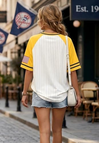 Baseball Jersey for Women Striped Baseball Shirts Funny Game Day Tshirt V Neck Fan Jersey Tee Tops - Thumbnail 6