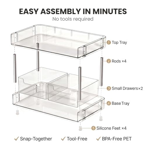 JessLab Clear Makeup Organizer, 2-Tier Vanity Storage with Removable Drawers, Large Capacity Cosmetic Rack for Tall Bottles, Perfume, Lipstick, Bathroom Countertop - Thumbnail 4