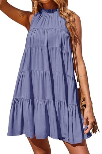 Okiwam Womens Summer Dress 2026 Sleeveless Halter Neck Flowy Mini Sundress Casual Babydoll Spring Beach Vacation Clothes-XL Purple - Image 1